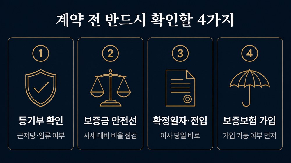 등기부 근저당·압류 확인, 보증금 안전선 점검, 이사 당일 확정일자·전입, 보증보험 가입 가능 여부 확인