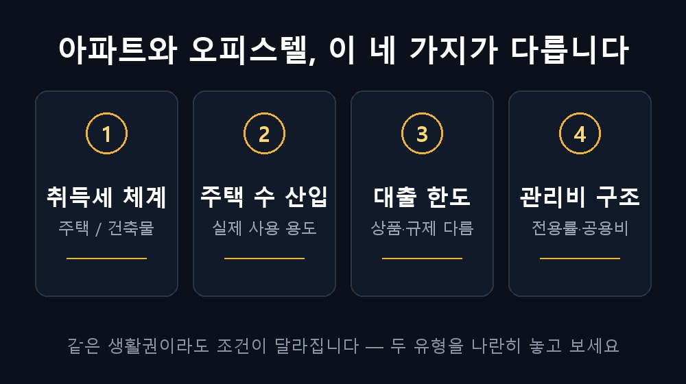 아파트와 오피스텔은 취득세 체계, 주택 수 산입, 대출 한도, 관리비 구조 네 가지가 다르다
